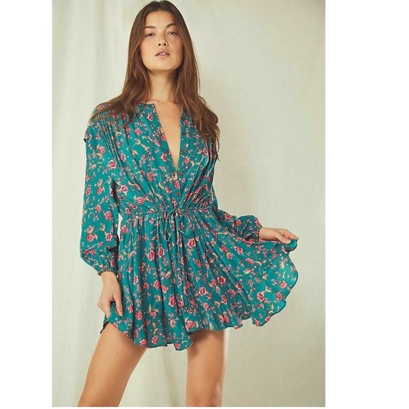 Free People Dresses & Skirts - NEW Free People Flower Fields Mini Dress Emerald Combo Pink Floral
